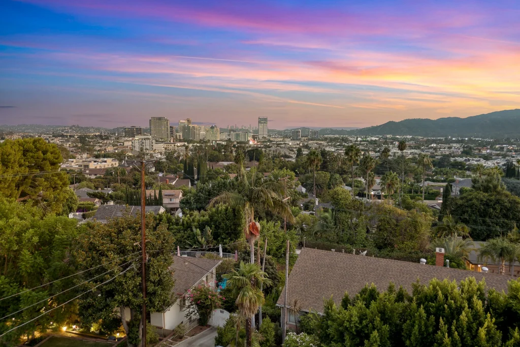 Twilight aerial drone photography of residential property