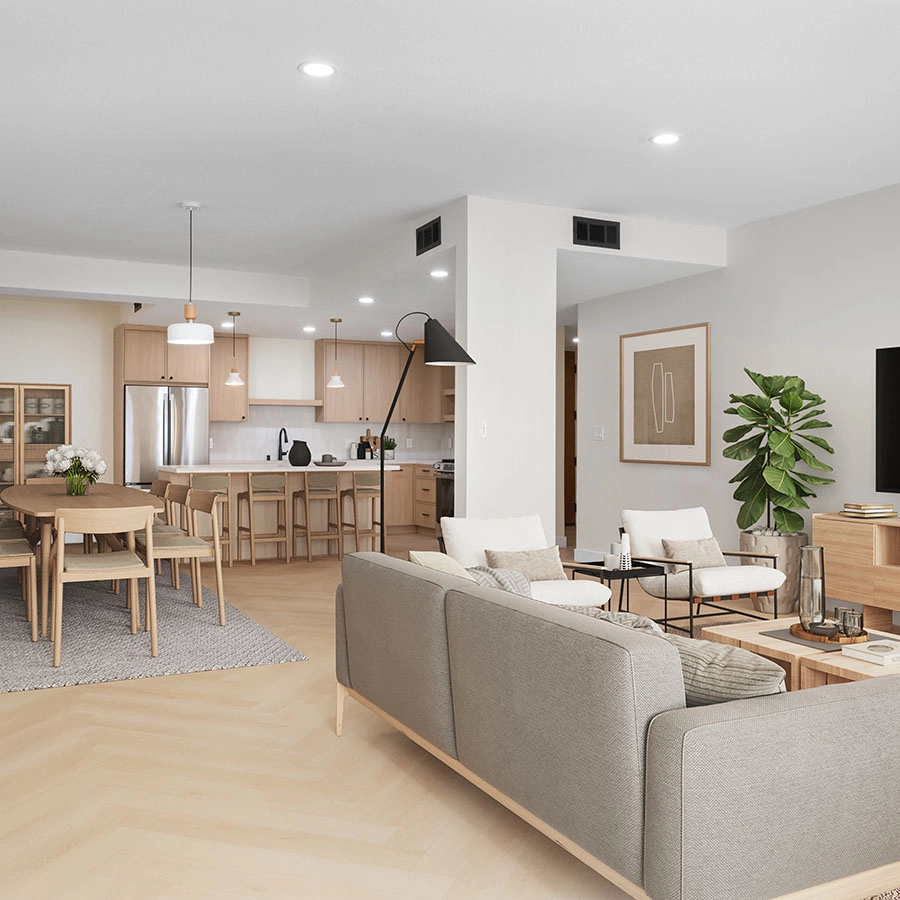 Virtually staged living room after digital furniture placement